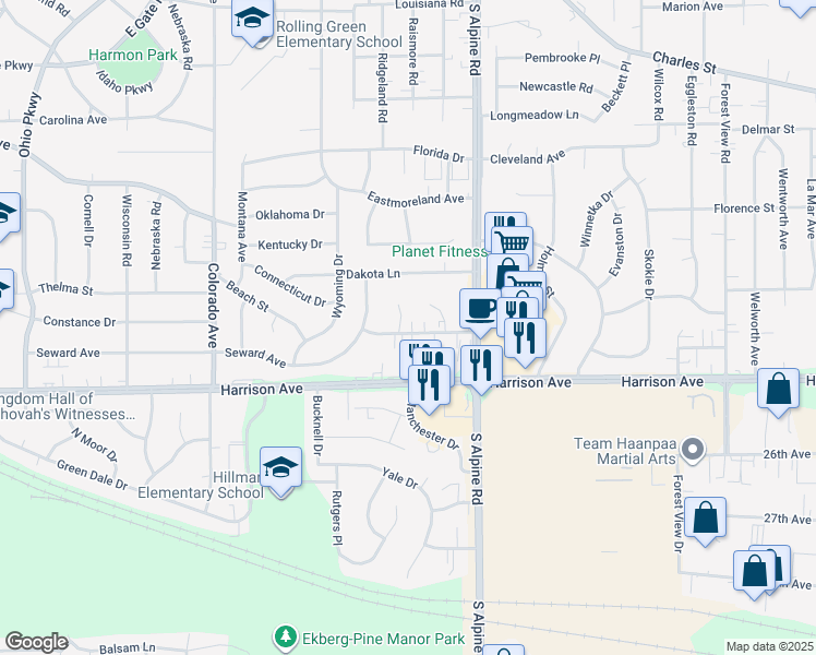map of restaurants, bars, coffee shops, grocery stores, and more near 2414 Windridge Court in Rockford