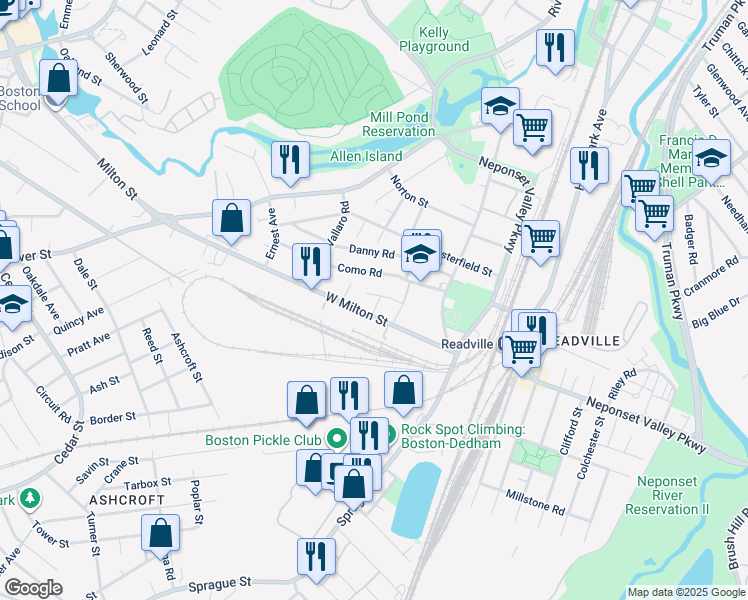 map of restaurants, bars, coffee shops, grocery stores, and more near 26 Pinefield Road in Boston
