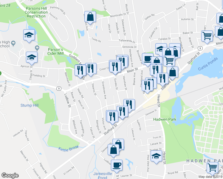 map of restaurants, bars, coffee shops, grocery stores, and more near 15 Eureka Terrace in Worcester