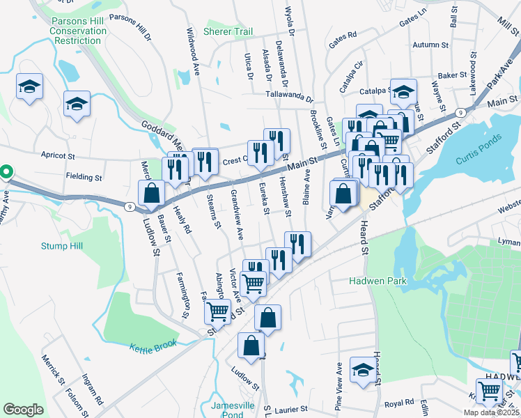 map of restaurants, bars, coffee shops, grocery stores, and more near 15 Eureka Terrace in Worcester