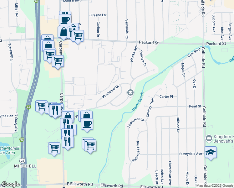 map of restaurants, bars, coffee shops, grocery stores, and more near 4410 Knollcrest Drive in Ann Arbor