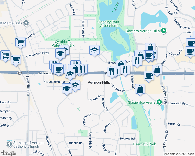 map of restaurants, bars, coffee shops, grocery stores, and more near 133 East Townline Road in Vernon Hills