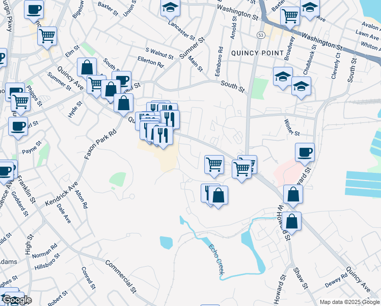 map of restaurants, bars, coffee shops, grocery stores, and more near 18 Apex Street in Quincy