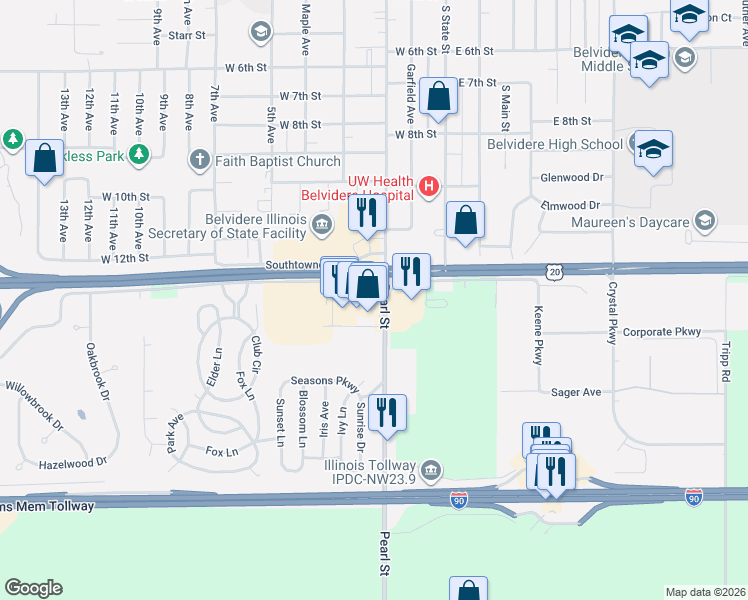 map of restaurants, bars, coffee shops, grocery stores, and more near 320 West Chrysler Drive in Belvidere