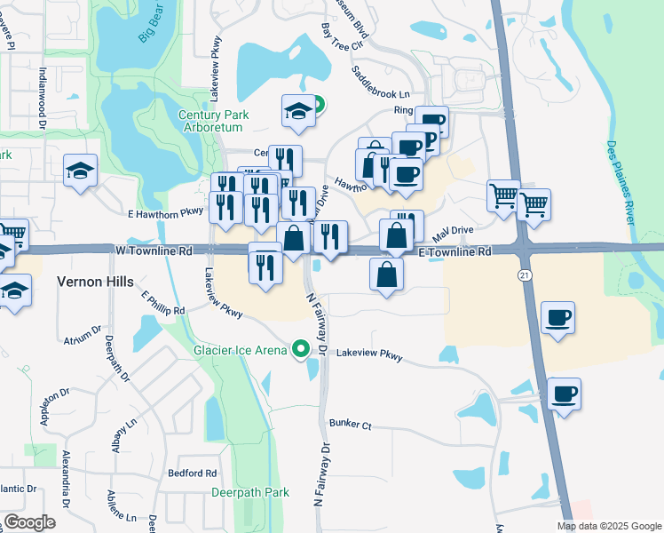 map of restaurants, bars, coffee shops, grocery stores, and more near 445 East Townline Road in Vernon Hills