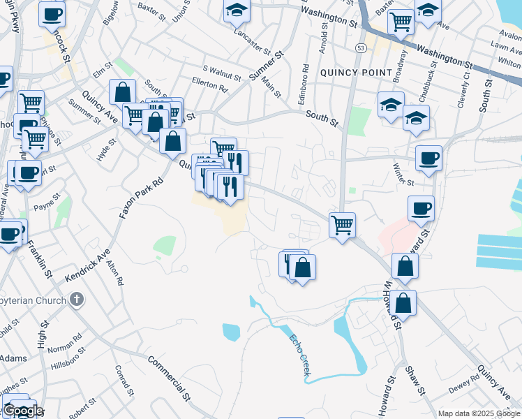 map of restaurants, bars, coffee shops, grocery stores, and more near 13 Apex Street in Quincy
