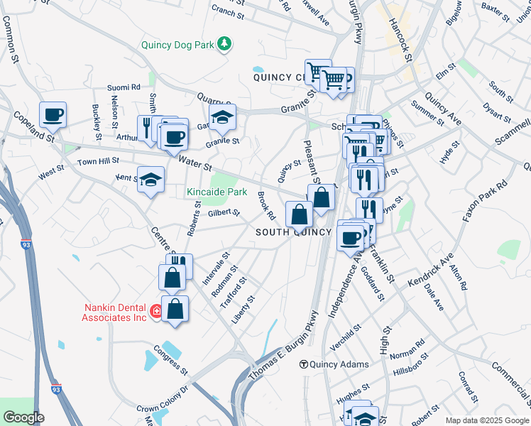map of restaurants, bars, coffee shops, grocery stores, and more near 7 Intervale Street in Quincy