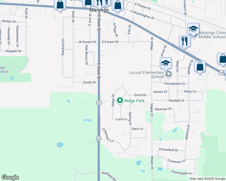 map of restaurants, bars, coffee shops, grocery stores, and more near 1000 Ruth Court in Marengo