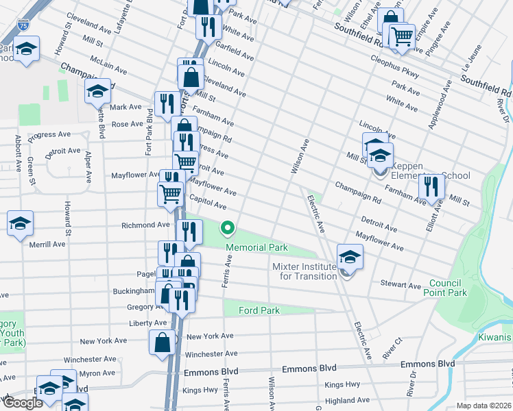map of restaurants, bars, coffee shops, grocery stores, and more near 961 Mayflower Ave in Lincoln Park