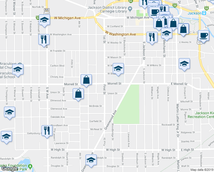 map of restaurants, bars, coffee shops, grocery stores, and more near 905 1st Street in Jackson