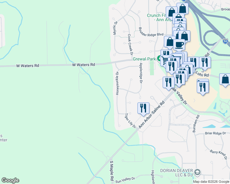 map of restaurants, bars, coffee shops, grocery stores, and more near 3206 Honeysuckle Drive in Ann Arbor