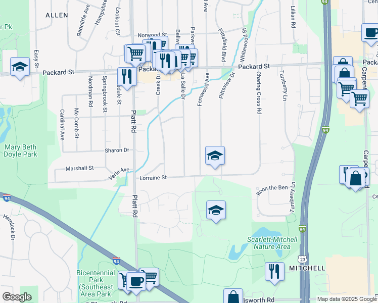 map of restaurants, bars, coffee shops, grocery stores, and more near 3395 La Salle Drive in Ann Arbor