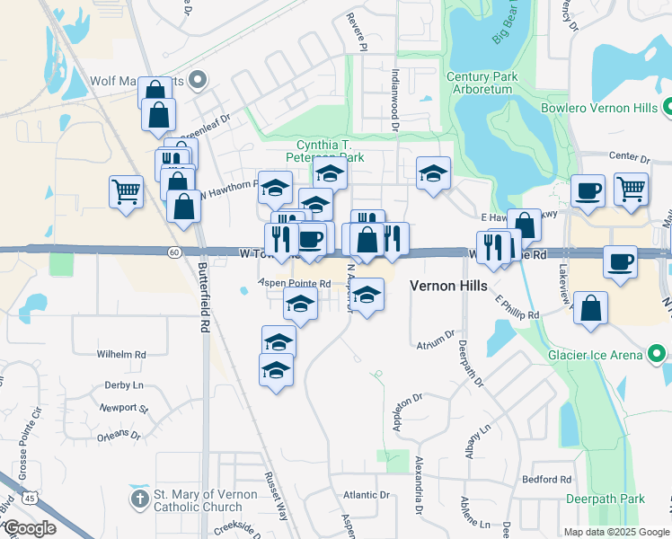 map of restaurants, bars, coffee shops, grocery stores, and more near 800 North Aspen Drive in Vernon Hills