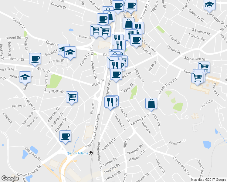 map of restaurants, bars, coffee shops, grocery stores, and more near 46 Presidents Avenue in Quincy