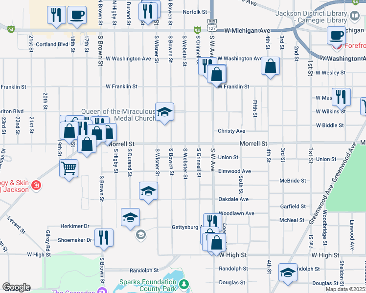 map of restaurants, bars, coffee shops, grocery stores, and more near 1001 West Morrell Street in Jackson