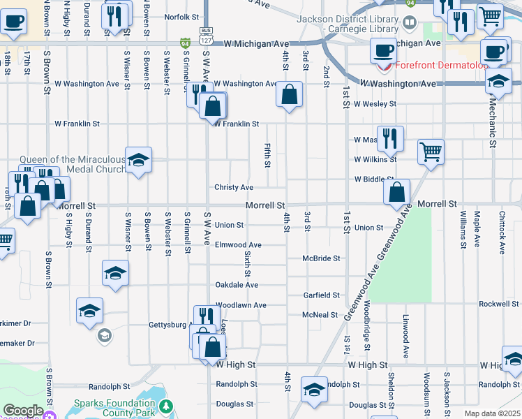 map of restaurants, bars, coffee shops, grocery stores, and more near 723 West Morrell Street in Jackson