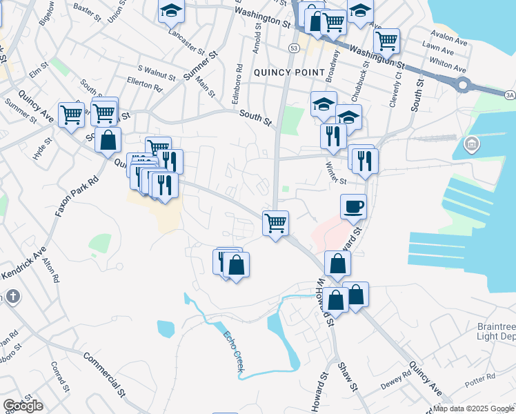 map of restaurants, bars, coffee shops, grocery stores, and more near 370 Quincy Avenue in Quincy