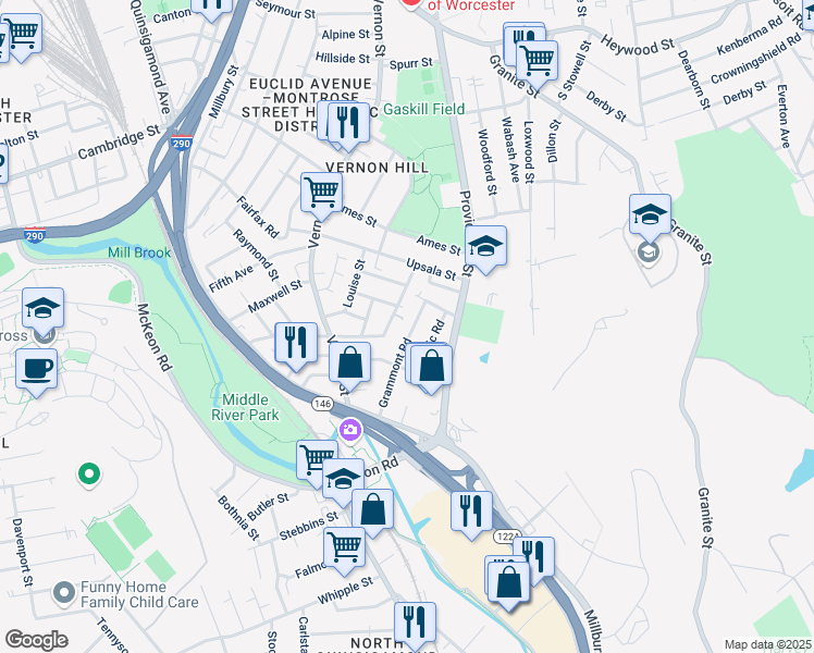 map of restaurants, bars, coffee shops, grocery stores, and more near 36 Grammont Road in Worcester