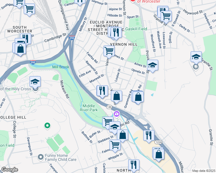 map of restaurants, bars, coffee shops, grocery stores, and more near 24B Esther Street in Worcester