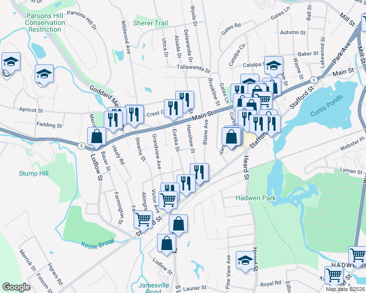 map of restaurants, bars, coffee shops, grocery stores, and more near 40 Henshaw Street in Worcester