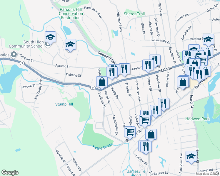 map of restaurants, bars, coffee shops, grocery stores, and more near 1438 Main Street in Worcester