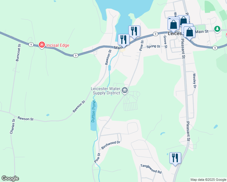 map of restaurants, bars, coffee shops, grocery stores, and more near 124 Pine Street in Leicester