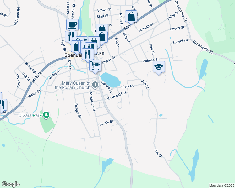 map of restaurants, bars, coffee shops, grocery stores, and more near 23 Adams Street in Spencer