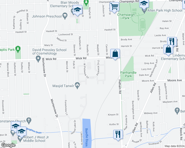 map of restaurants, bars, coffee shops, grocery stores, and more near 9382 Pickwick Circle East in Taylor