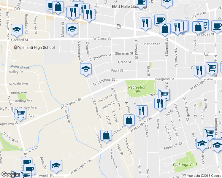 map of restaurants, bars, coffee shops, grocery stores, and more near 1201 South Congress Street in Ypsilanti