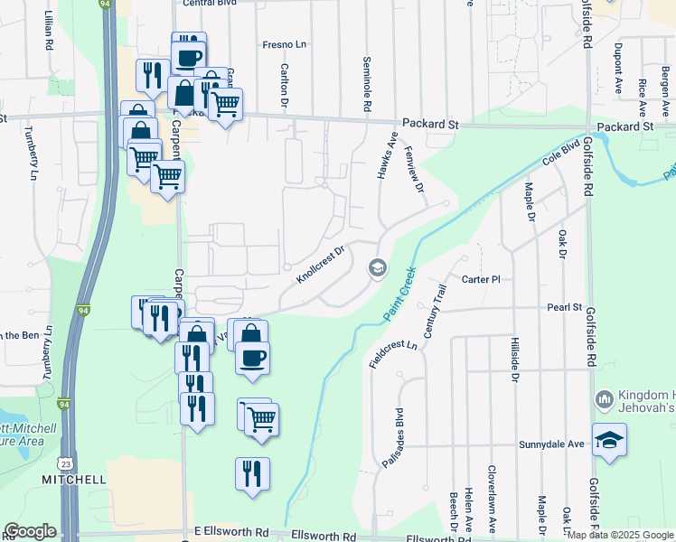 map of restaurants, bars, coffee shops, grocery stores, and more near 4410 Knollcrest Drive in Ann Arbor