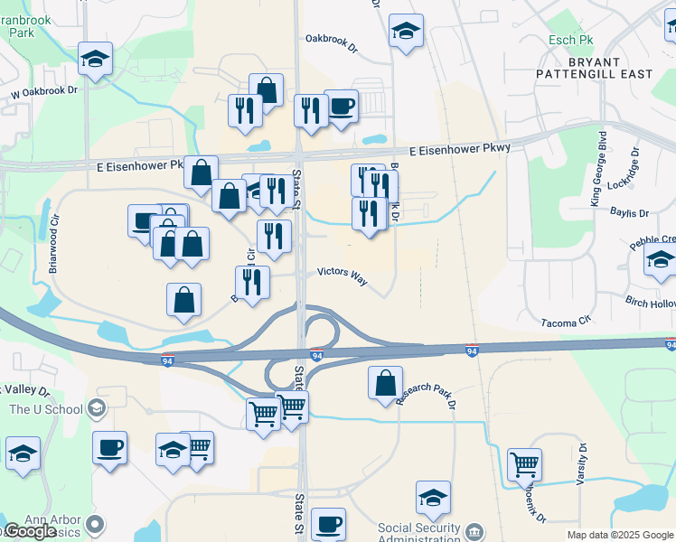 map of restaurants, bars, coffee shops, grocery stores, and more near 725 Victors Way in Ann Arbor