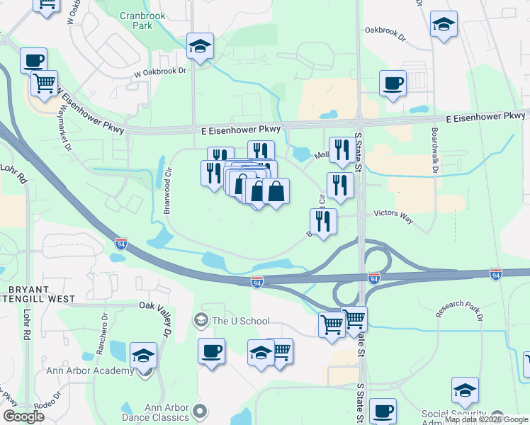 map of restaurants, bars, coffee shops, grocery stores, and more near 100 Briarwood Circle in Ann Arbor