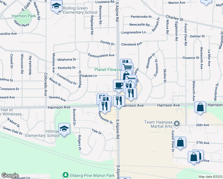map of restaurants, bars, coffee shops, grocery stores, and more near 2435 Windridge Court in Rockford