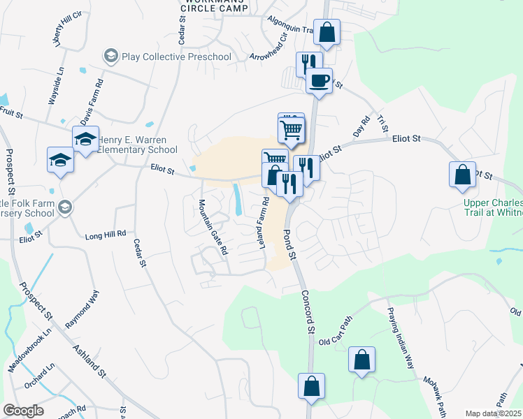 map of restaurants, bars, coffee shops, grocery stores, and more near 85 Leland Farm Road in Ashland