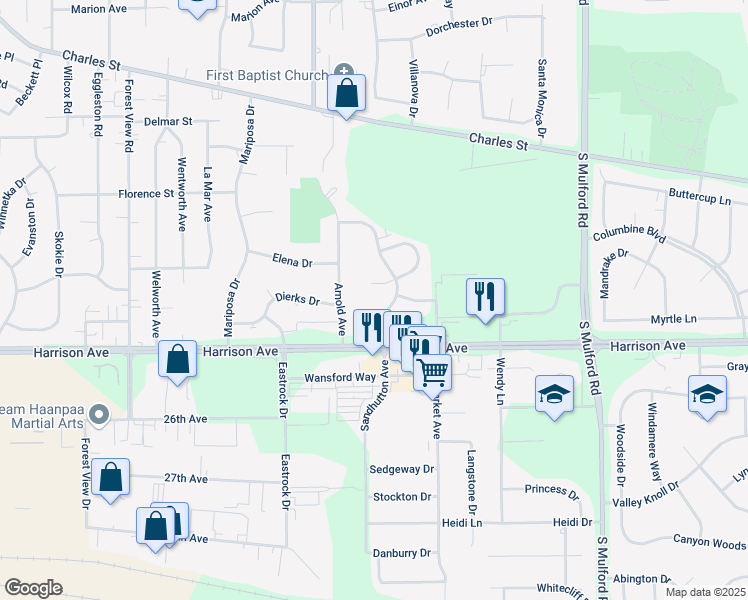 map of restaurants, bars, coffee shops, grocery stores, and more near 5513 Sandhutton Court in Rockford