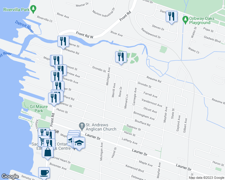 map of restaurants, bars, coffee shops, grocery stores, and more near 46 Merrill Avenue in Windsor