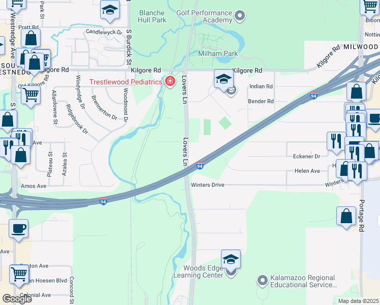 map of restaurants, bars, coffee shops, grocery stores, and more near 5301 Lovers Lane in Kalamazoo