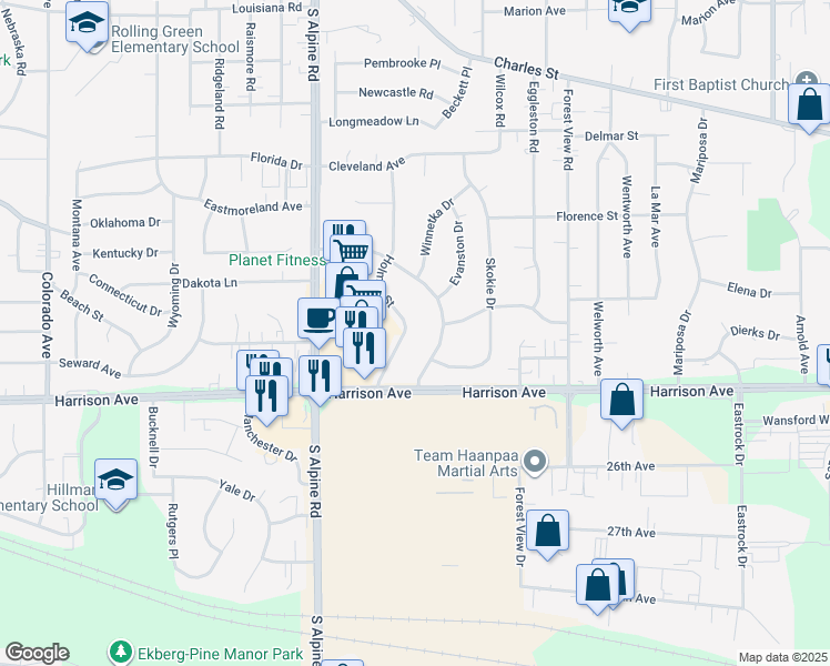 map of restaurants, bars, coffee shops, grocery stores, and more near 2502 Holmes Street in Rockford