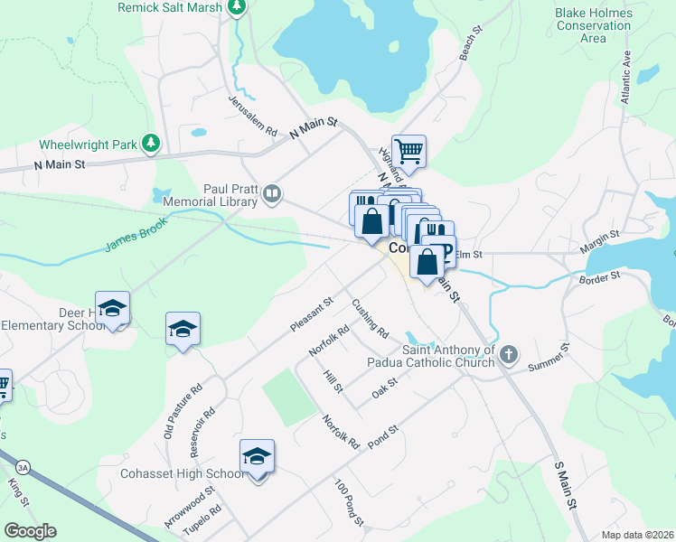 map of restaurants, bars, coffee shops, grocery stores, and more near 8 Cushing Rd in Cohasset