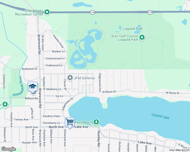 map of restaurants, bars, coffee shops, grocery stores, and more near 33 Timberhill Drive in Crystal Lake
