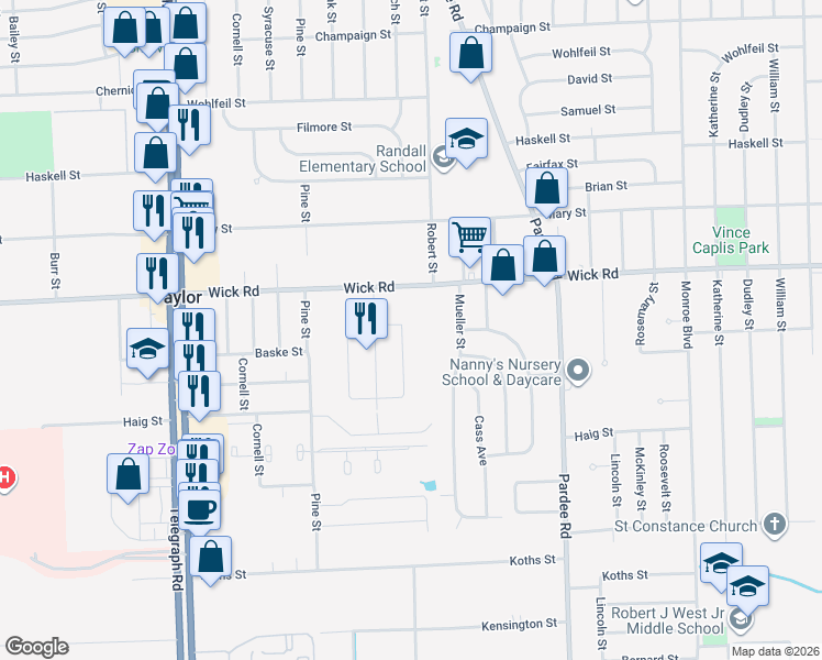 map of restaurants, bars, coffee shops, grocery stores, and more near 9319 Birch St in Taylor