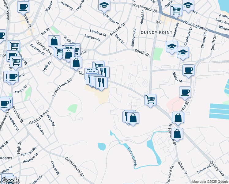 map of restaurants, bars, coffee shops, grocery stores, and more near 11 Apex Street in Quincy