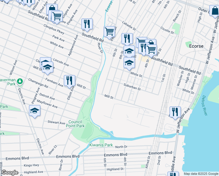 map of restaurants, bars, coffee shops, grocery stores, and more near 4634 8th Street in Ecorse