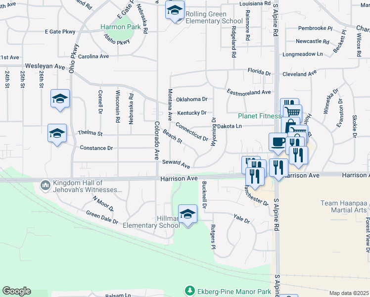map of restaurants, bars, coffee shops, grocery stores, and more near 3803 Nevada Circle in Rockford