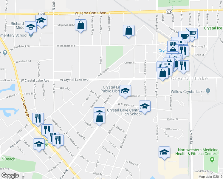 map of restaurants, bars, coffee shops, grocery stores, and more near 44 Maple Street in Crystal Lake