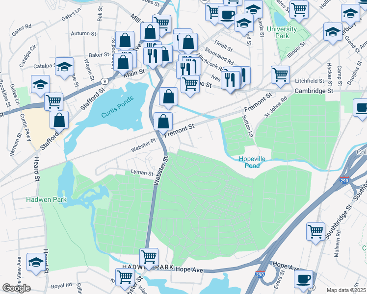 map of restaurants, bars, coffee shops, grocery stores, and more near 8 New York St in Worcester