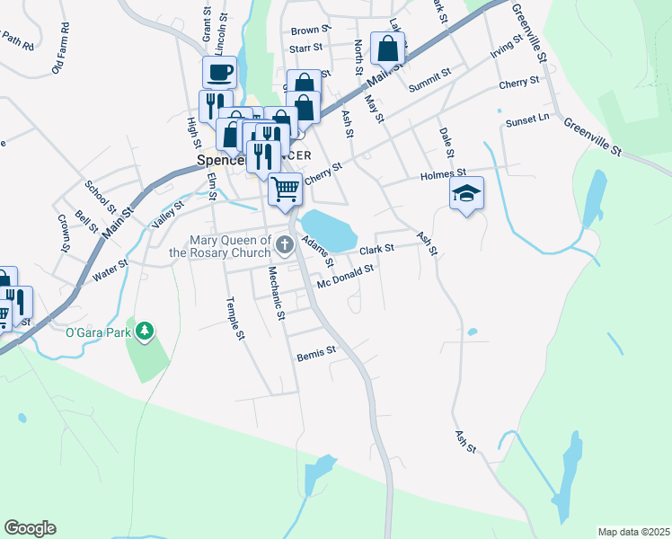 map of restaurants, bars, coffee shops, grocery stores, and more near 23 Adams Street in Spencer
