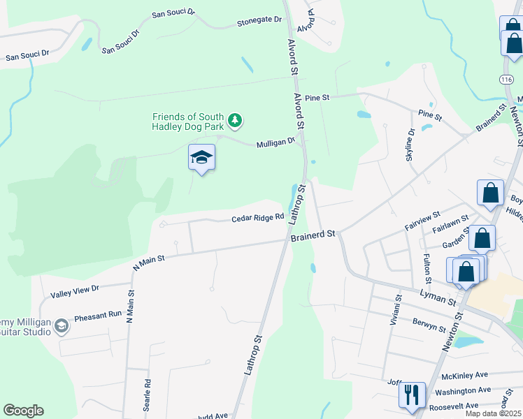 map of restaurants, bars, coffee shops, grocery stores, and more near 6 Cedar Ridge Road in South Hadley