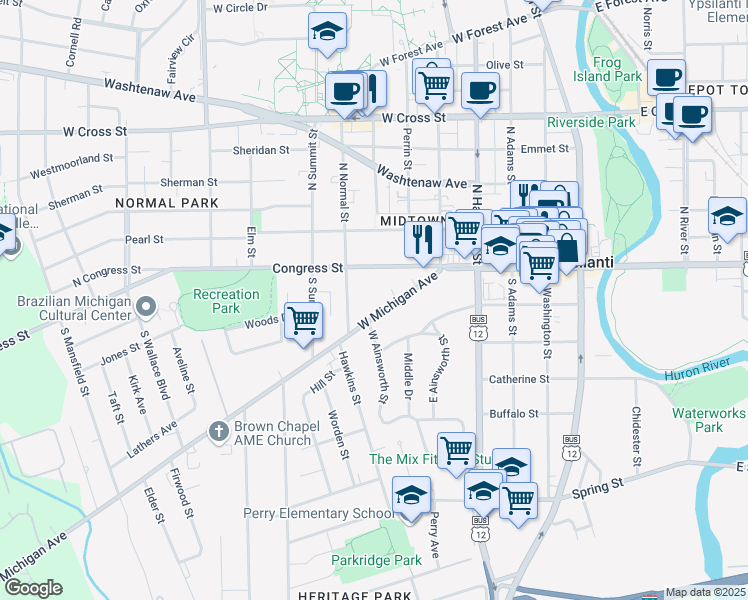 map of restaurants, bars, coffee shops, grocery stores, and more near 706 West Michigan Avenue in Ypsilanti