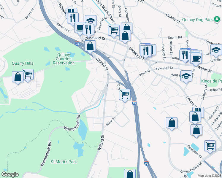 map of restaurants, bars, coffee shops, grocery stores, and more near 510 Willard Street in Quincy